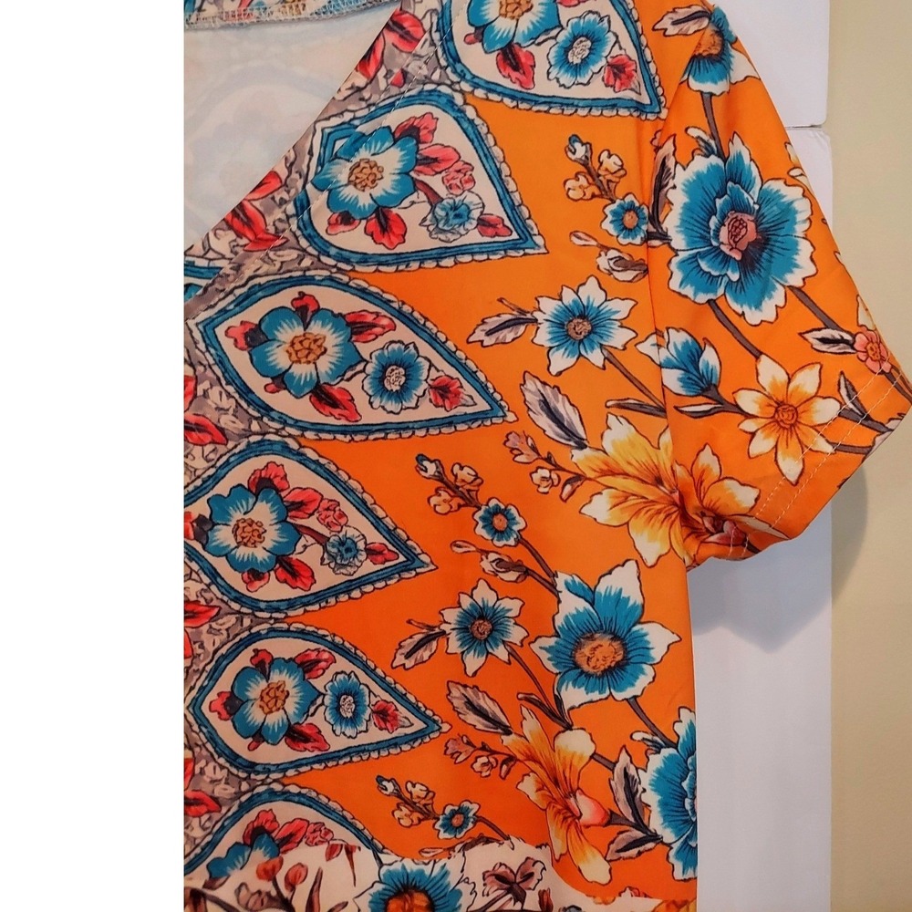 Orange Floral Paisley Boho V-Neck Maxi Beach Dress Short Sleeve Side Slit Small - Picture 4 of 7